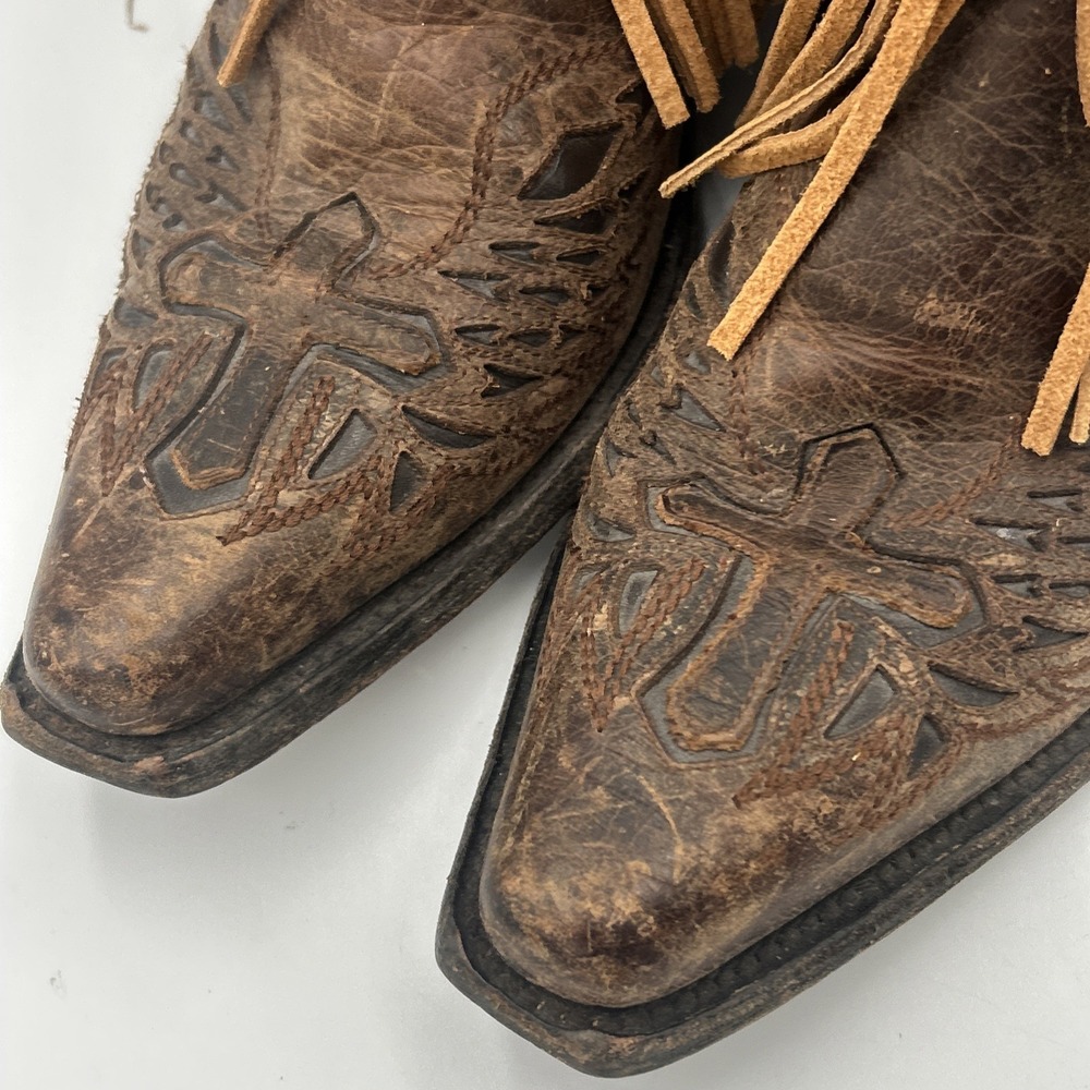 JB Dillion Snip Toe Cross Inlay Fringe Cowgirl Brown Leather Lace Up Western 9B - Picture 2 of 12